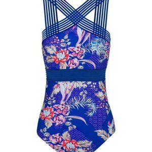 Blue & Red Floral Cross-Strap One-Piece swimsuit